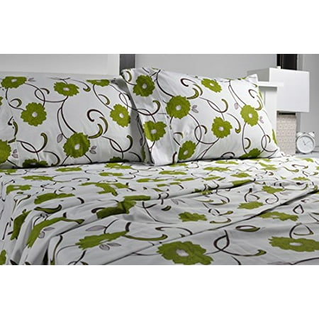 Highland Flat Sheet - Highland Collection Printed 300 Thread Count Cotton Rich sheet Set Green Floral Twin Size,