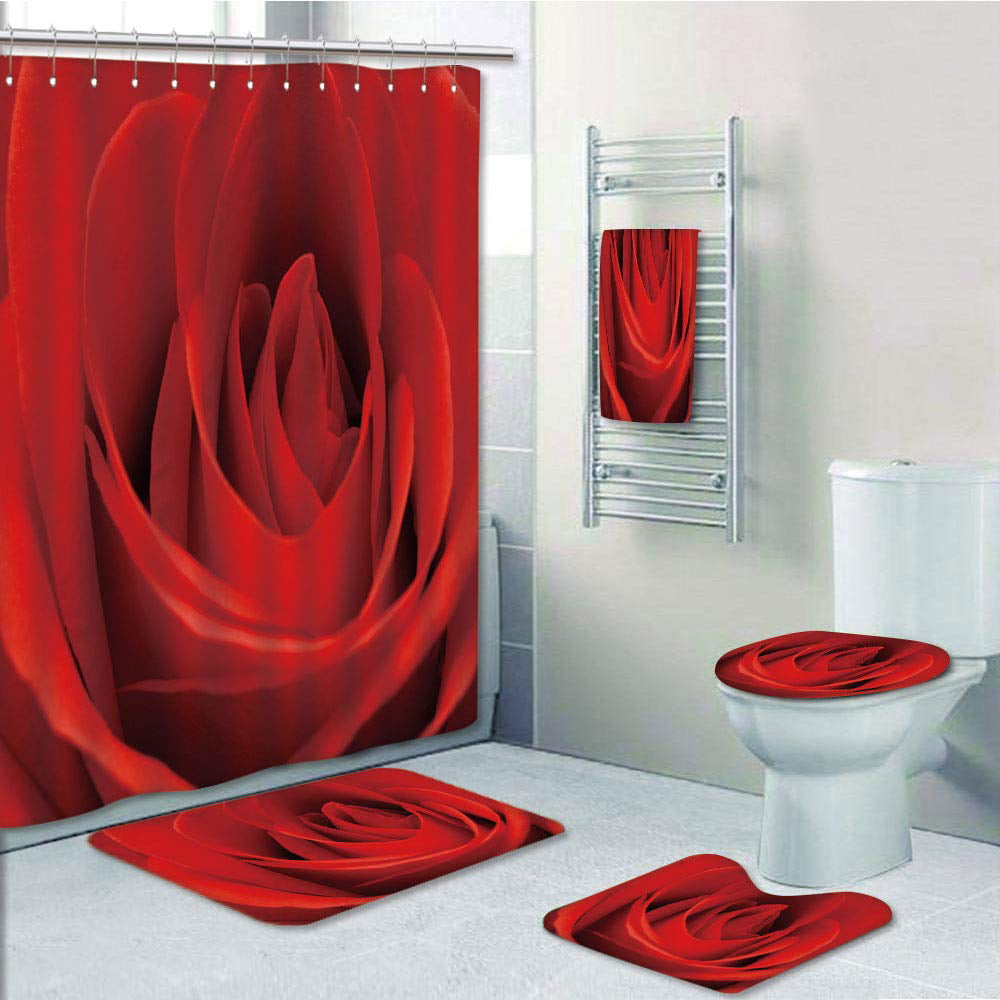 Vintage Blooming Red Rose Shower Curtain Toilet Cover Rug Bath Mat Contour Rug 