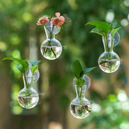 Glasseam Set of 4 Hanging Glass Plant Propagation Stations for Windows: Wall Hydroponic Gardening Bulb Vase for Herb Cuttings Vertical Garden Decor for Kitchen Living Room Ideal Gift for Plant Lovers