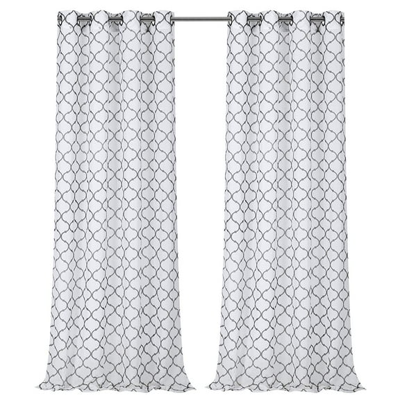 2 Pack Flocked Trellis Clover Semi Sheer Curtain Panels - Gray
