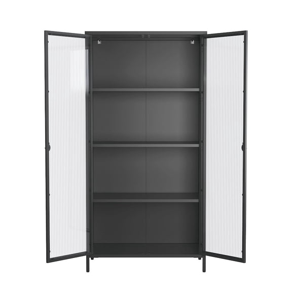 Glamour Home 63.05-inch Black Two Door Storage Cabinet Fluted Clear Doors and Gold Handles