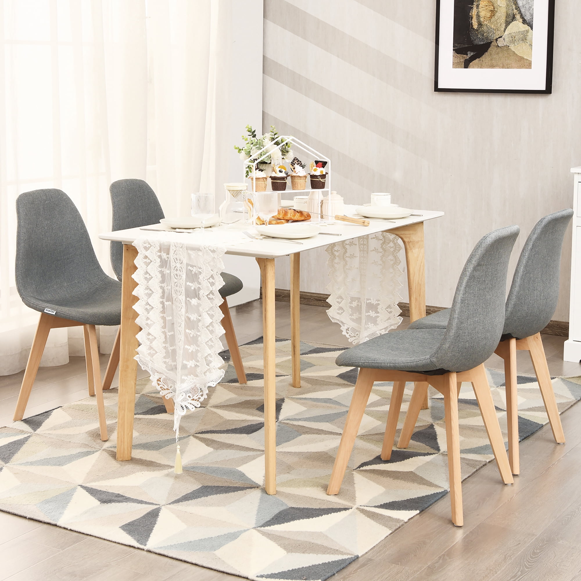 Costway Set of 4 Dining Chair Fabric Cushion Seat Modern Mid Century W/Wood Legs Grey