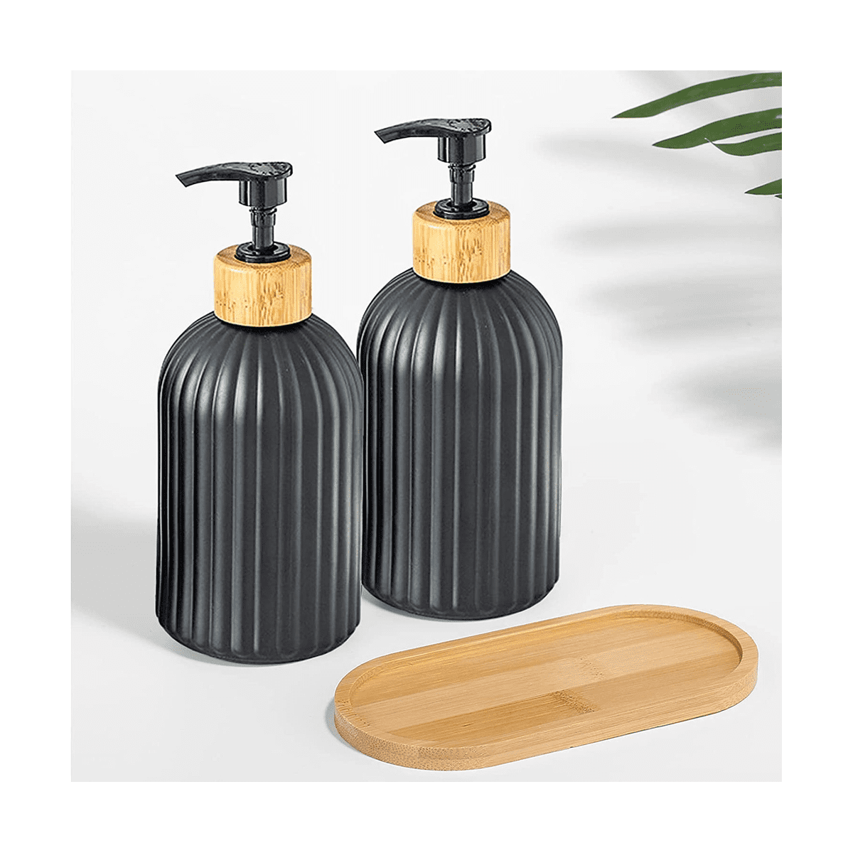 14Oz Glass Soap Dispenser with Wooden Tray, 2 PCS Hand and Dish Soap Dispenser Set, Kitchen Bathroom Farmhouse Decor