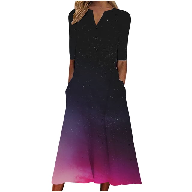 Robe d'Été pour Femmes avec Manches Mode Femmes Été Imprimé Décontracté Col en V Boutons Manches Courtes Poches Robe de Vacances Robe d'Été avec Manches pour Femmes Robe d'Été Courte pour Femmes