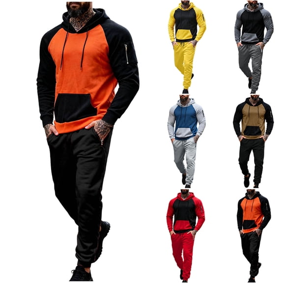 Bixock Sweatsuit for Men,2 Piece Set for Men Solid Color Raglan Long Sleeve Hooded Sweatshirt Zipper Pocket and Casual Long Pants Set