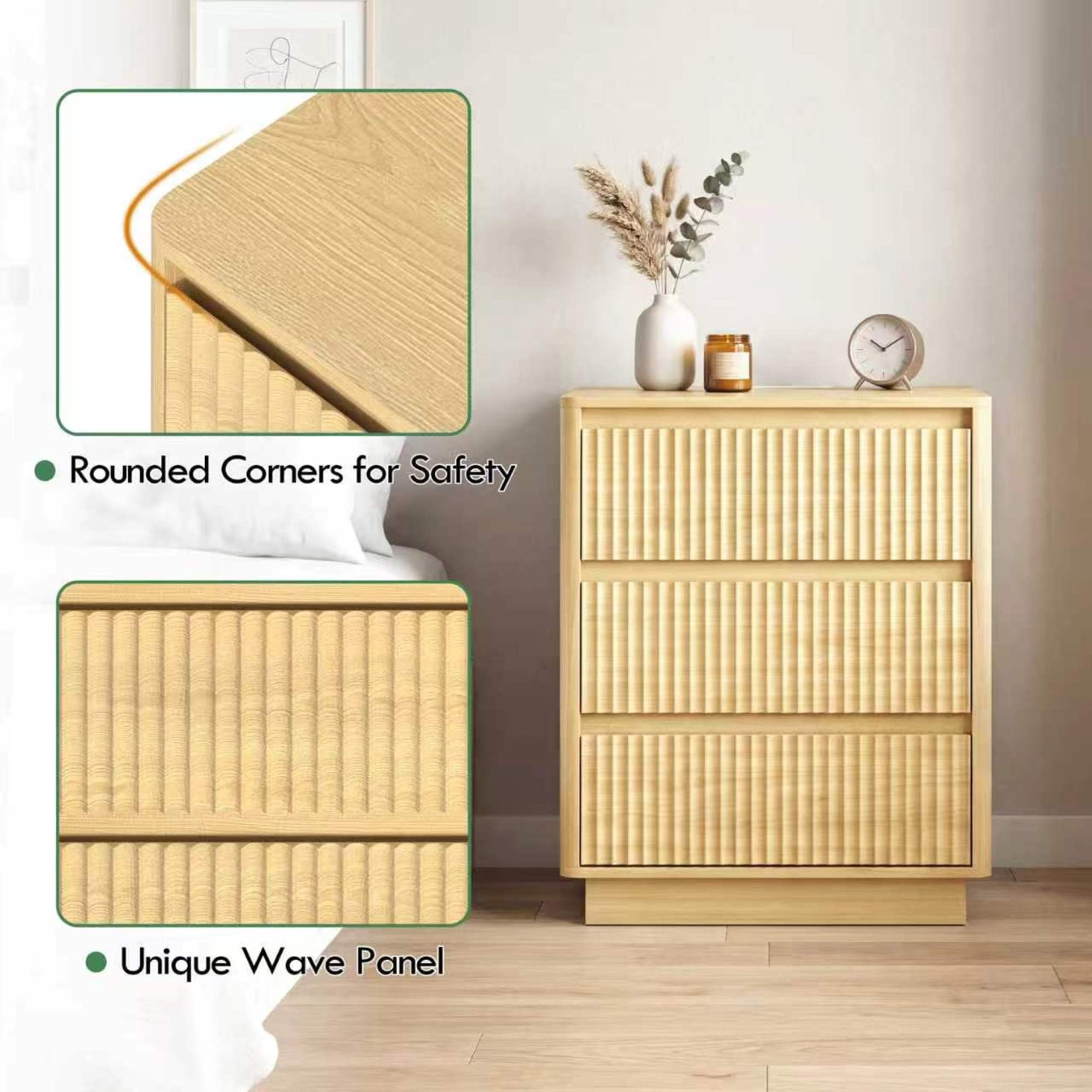 Leumius 3-Drawer Small Nightstand Set of 2 with Charging Station,Modern Sofa Side Table End Table Wood Storage Cabinet for Living Room,Bedroom,Office,Natural
