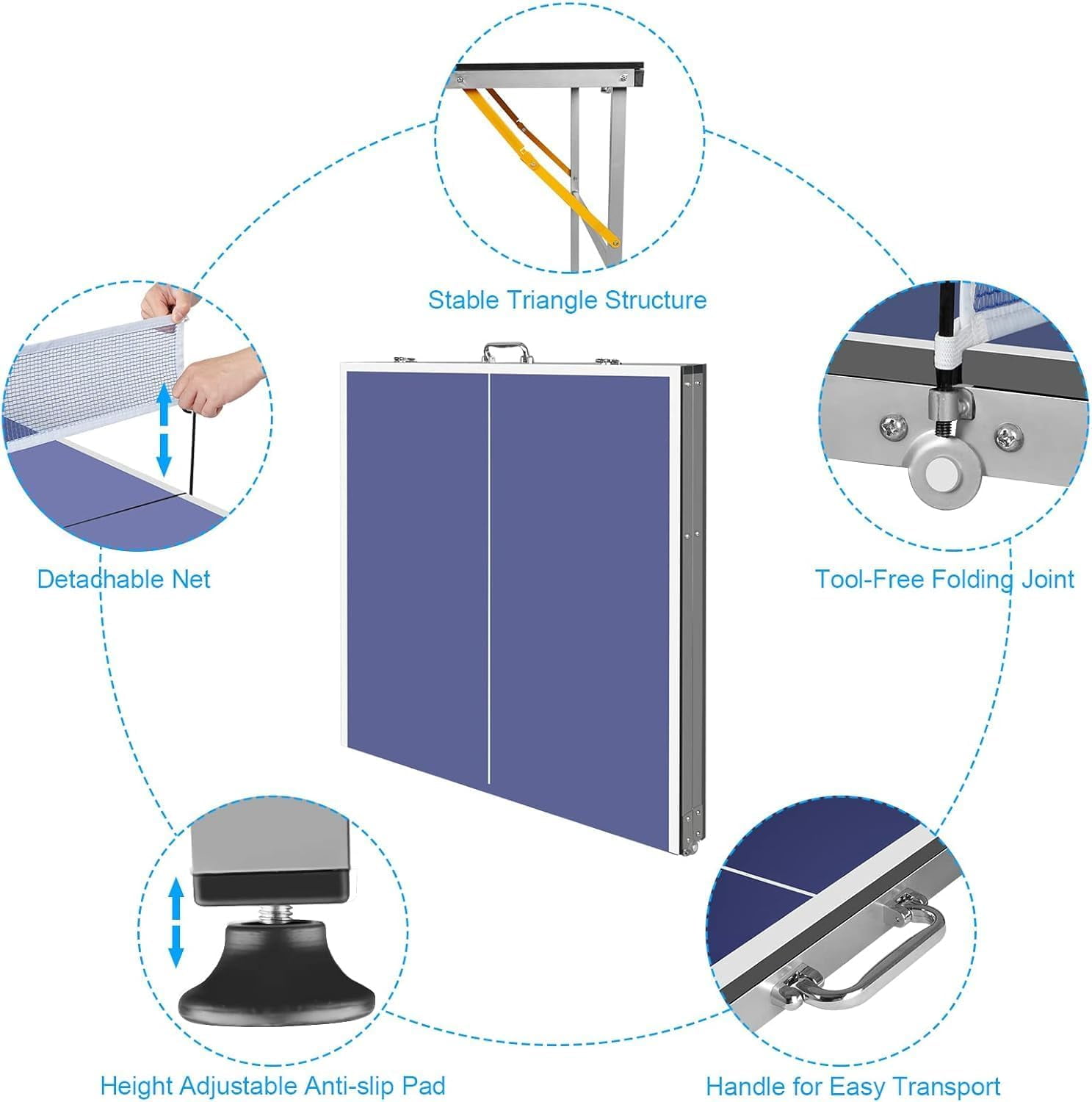 Professional MDF Ping Pong Table, 6×3 FT Foldable Ping Pong Table Set with Net,Net, 2 Table Tennis Paddles and 3 Balls,Easy to Store and Transport, Blue
