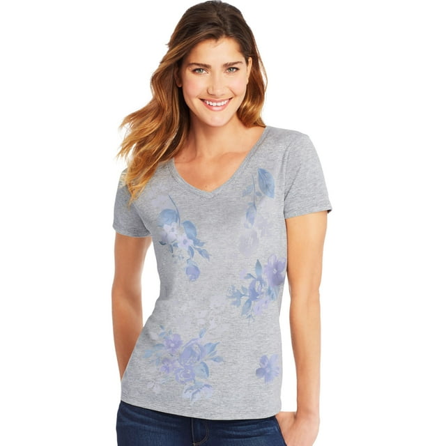 Hanes T-Shirt à Manches Courtes Col en V pour Femmes, P, Message Floral Placé/acier Clair