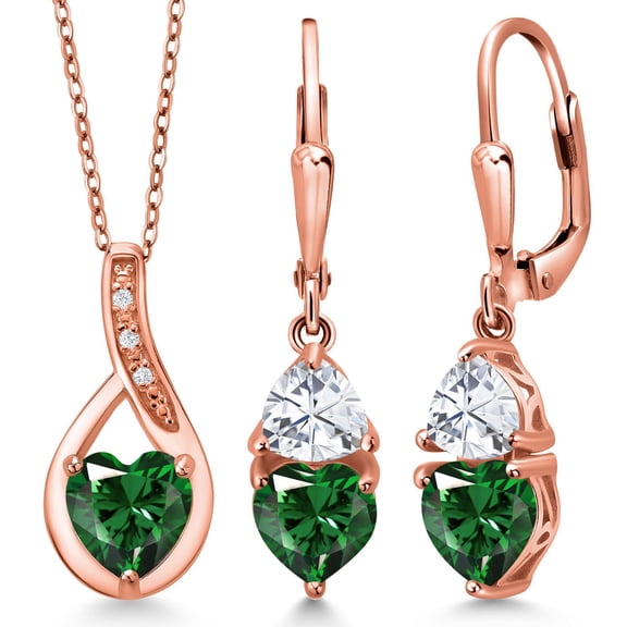 Gem Stone King 18K Rose Gold Plated Silver Green Nano Emerald and White Moissanite Pendant Earrings Set for Women (3.34 Cttw, Gemstone May Birthstone, with 18 inch Chain)
