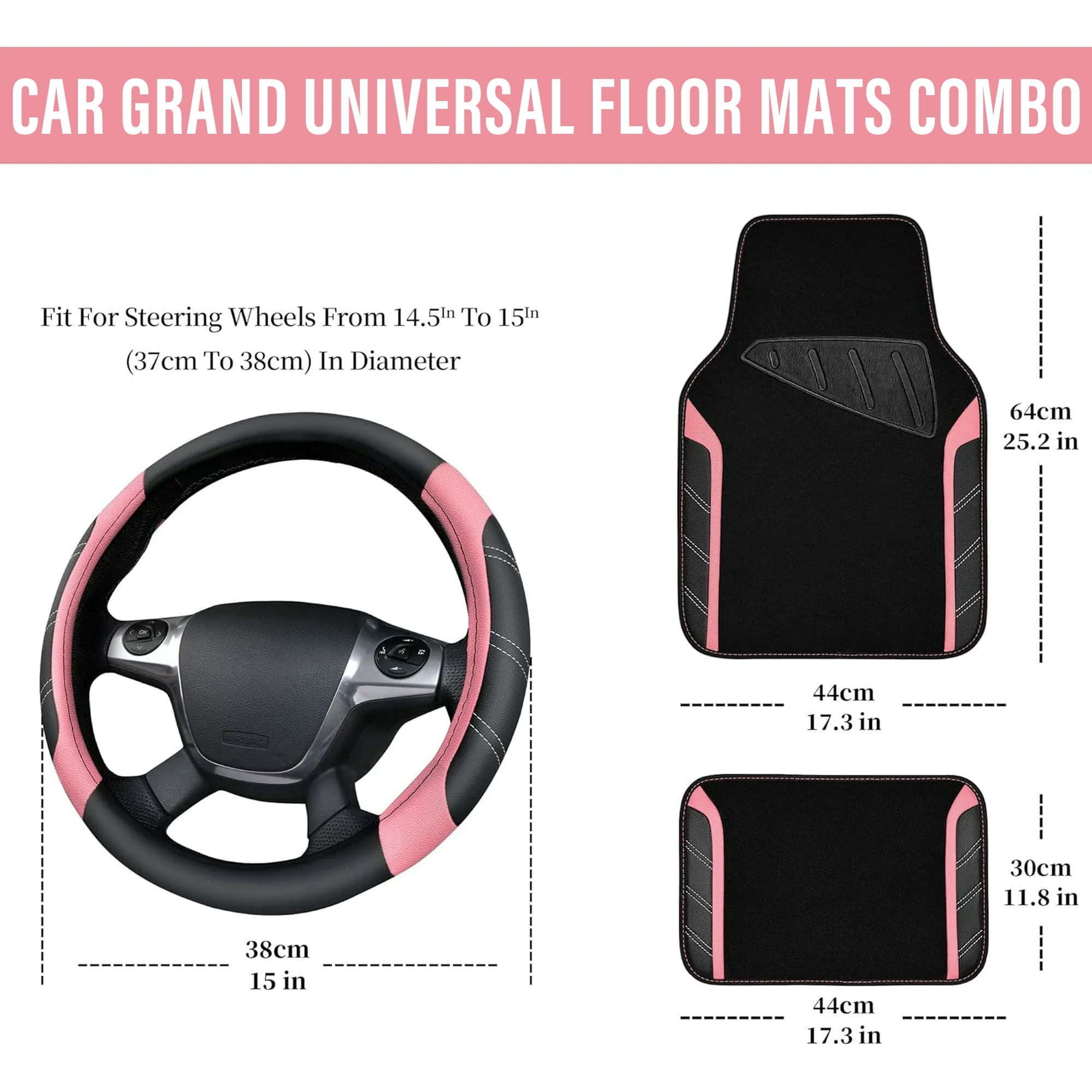 CAR GRAND Microfiber Steering Wheel Cover and Waterproof Car Floor Mats,Leather Universal Car Combo Fit for 95% Truck,SUV,Cars,14.5-15inch Sporty Anti-Slip Safety Comfortable Design(Black and Pink)