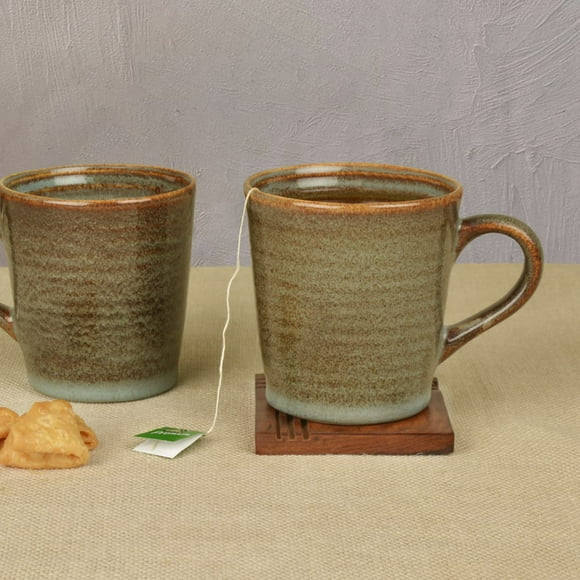 Studio Pottery Ribbed Ceramic Coffee Mugs Set Of 2 - Dove Blue, 300ml Each | Milk Mugs | Chai Cups | Tea Cups & Mugs