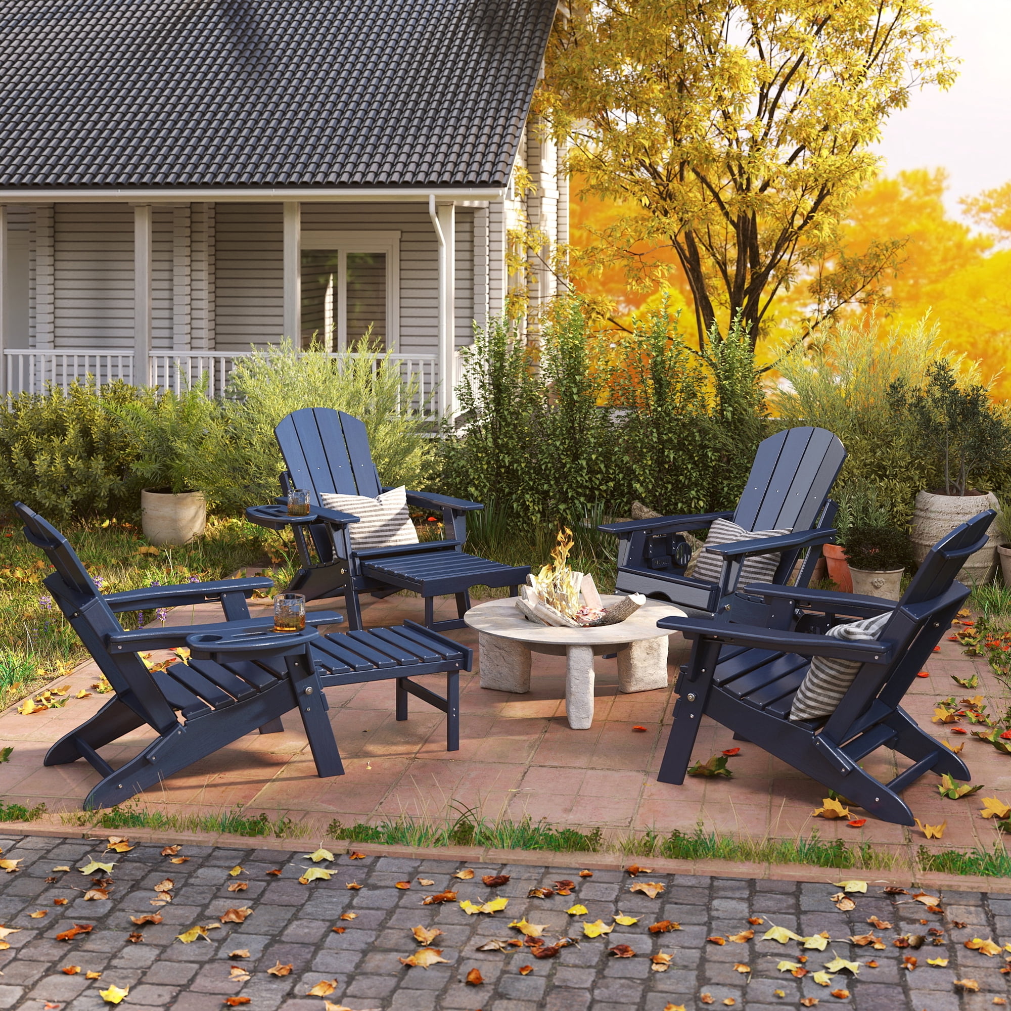 2PCS Folding Adirondack Chair with Retractable Ottoman, HDPE All-Weather Resistant Adjustable Backrest Adirondack Chair w/4 in 1 Cup Holder Trays, Navy Blue
