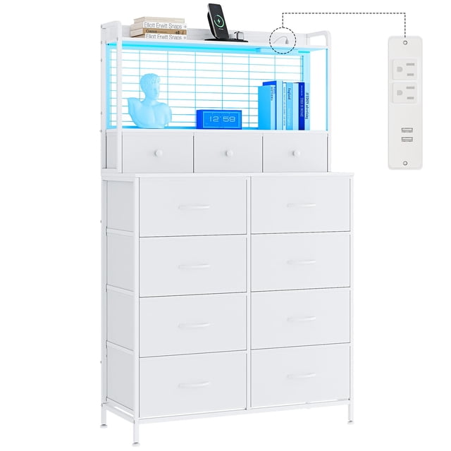 Commode Intelligente avec 11 Tiroirs en Tissu – Station de Recharge Intégrée, Chargeur Sans Fil, Lumières DEL RVB Contrôlées par Application, Anti-Basculement, Organisateur de Rangement Industriel pour Chambre – Brun Rustique