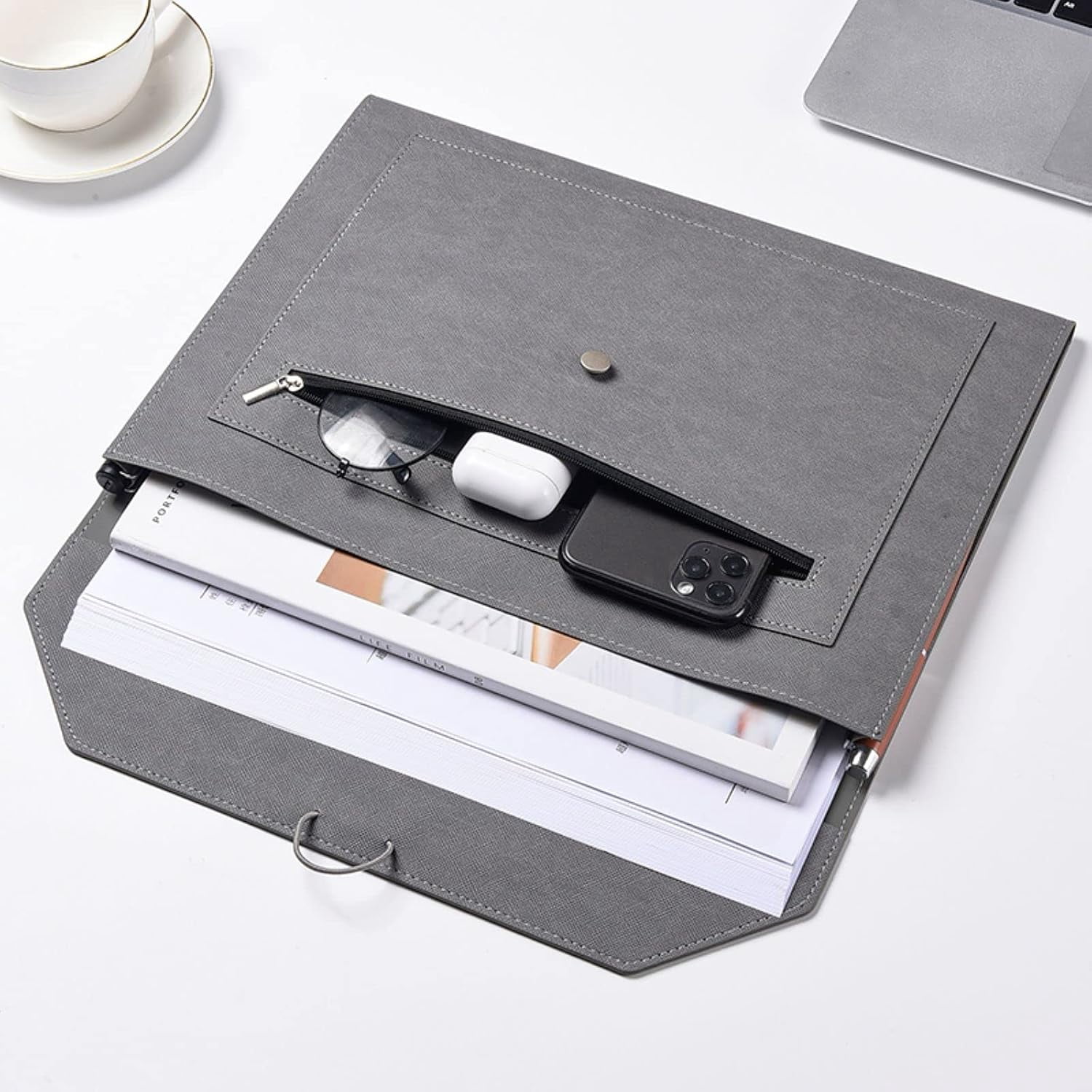 PU Leather A4 File Folder 2 Pockets Portfolio Envelope with Elastic String 3/4 Inch Expansion，Gray