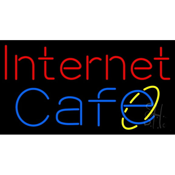 Red Internet Cafe LED Neon Sign 20 x 37 - inches, Clear Edge Cut Acrylic Backing, with Dimmer - Bright and Premium built indoor LED Neon Sign for Computer & Electronics store decor.