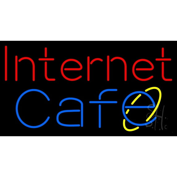 Red Internet Cafe LED Neon Sign 13 x 24 - inches, Clear Edge Cut Acrylic Backing, with Dimmer - Bright and Premium built indoor LED Neon Sign for Computer & Electronics store decor.