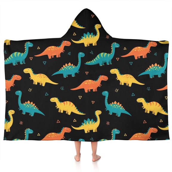 Black Colorful Dinosaurs Pattern Hooded Bath Towel,50"x30" for Ages 3 To 12 Kids, Quick Dry Lightweight Soft Microfiber Hood Beach Towel Cover Up for Kids
