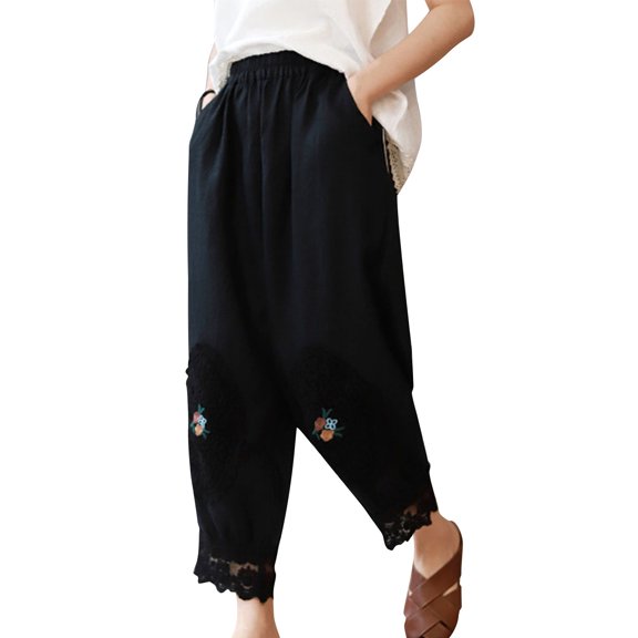 TaTaai Womens Summer Trim Harem Pants with Pockets Elastic Waist Loose Plus Size Stretchy for Daily Casual Beach