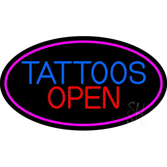 Tattoos Open LED Neon Sign 13 x 24 - inches Black Square Cut Acrylic Backing, with Dimmer - Premium built indoor Sign for Storefront, Store interior.