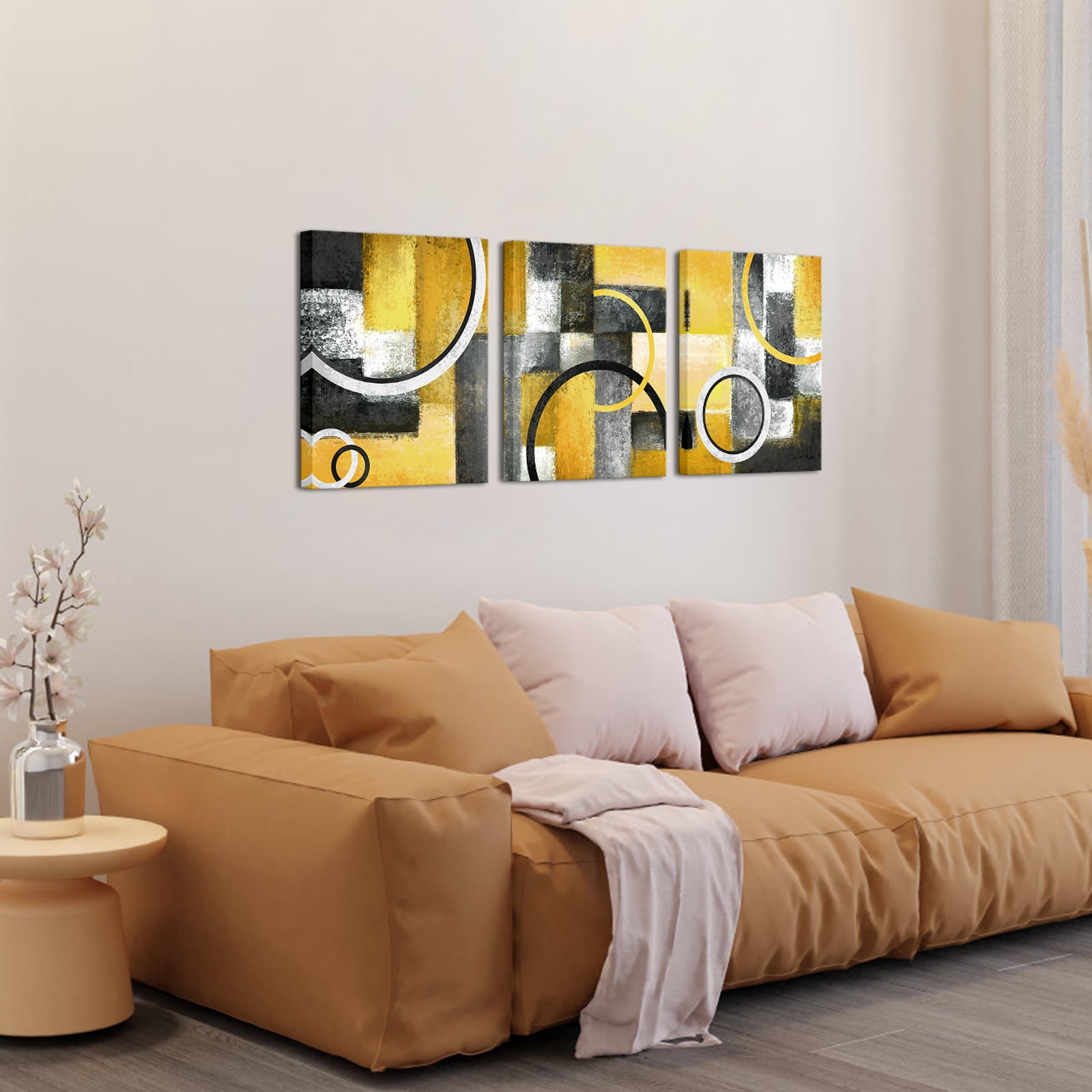 Visual Art Decor 3 Piece 12x16 inch Abstract Yellow Framed Canvas Wall Art Clearance Picture Canvas Prints Modern Art Wall Decor for Living Room Bedroom Office