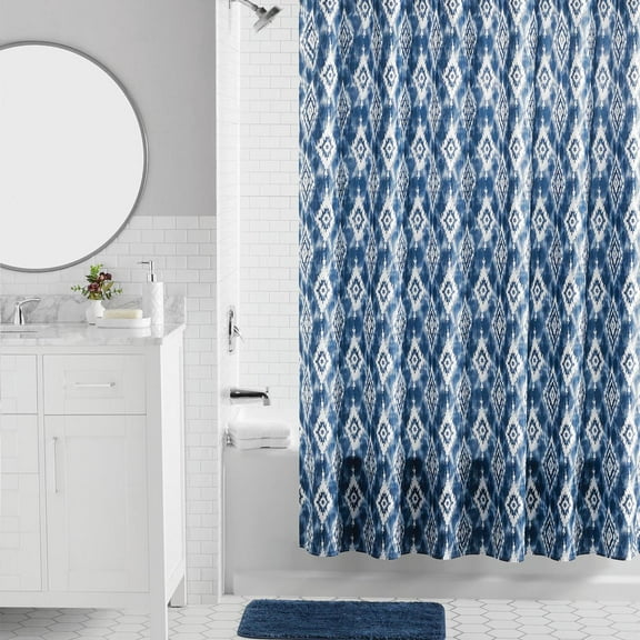 Mainstays 16-Piece Blue Ikat Shower Curtain Bathroom Set – Fabric Curtain with Rug, Hooks, Soap Dispenser & Accessories