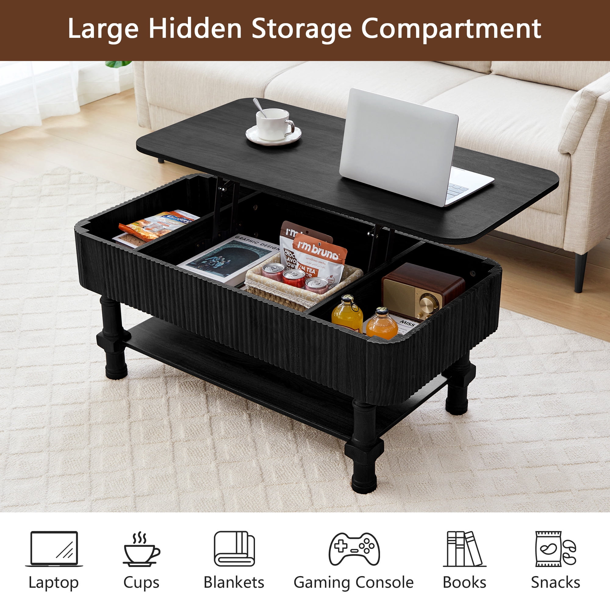 YOCWO Wood Roman Column Lift Top Coffee Table with Storage, Fluted Rectangle Coffee Table with Hidden Compartments for Living Room, Black