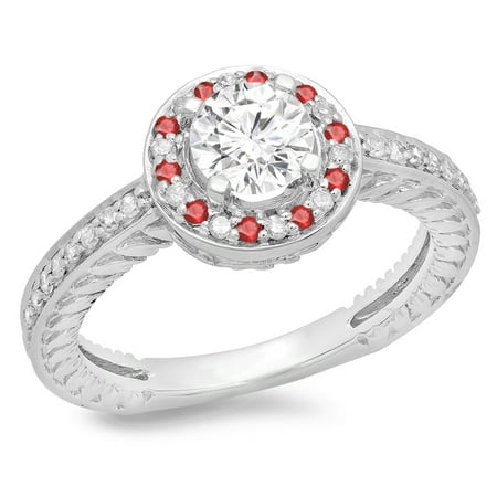 1.00 Carat (ctw) 10K White Gold Round Cut Ruby & White Diamond Ladies Bridal Vintage Halo Style Engagement Ring 1 CT