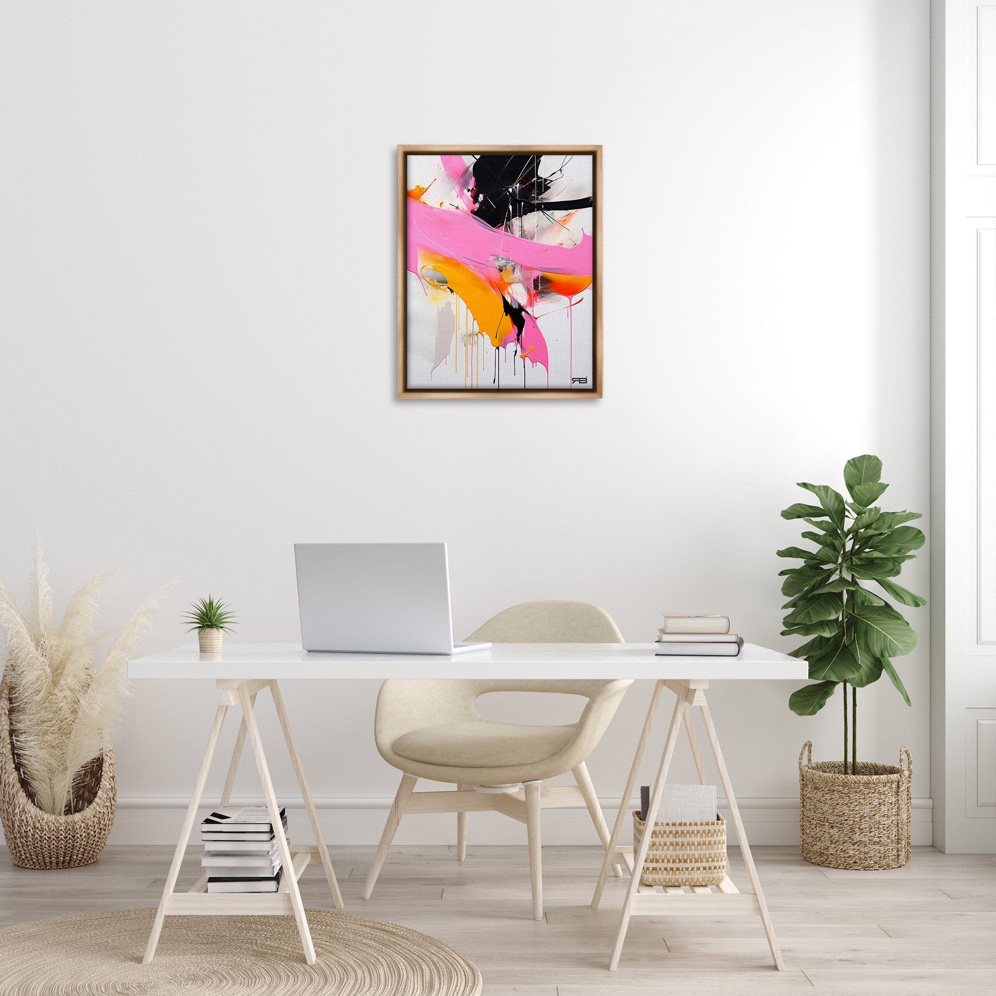 Stupell Industries Pink & Black Contemporary Abstract Painting Brown Floater Framed Canvas Art Print Wall Art, 25 x 31