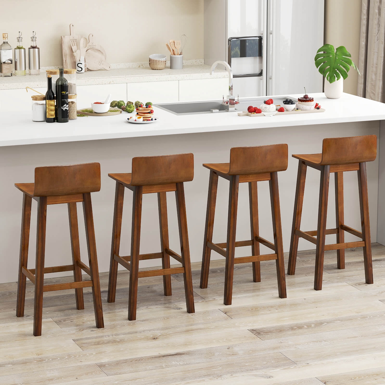 Costway 29" Wood Bar Stools Set of 4 with Solid Back & Seat Mid Century Bar Chairs