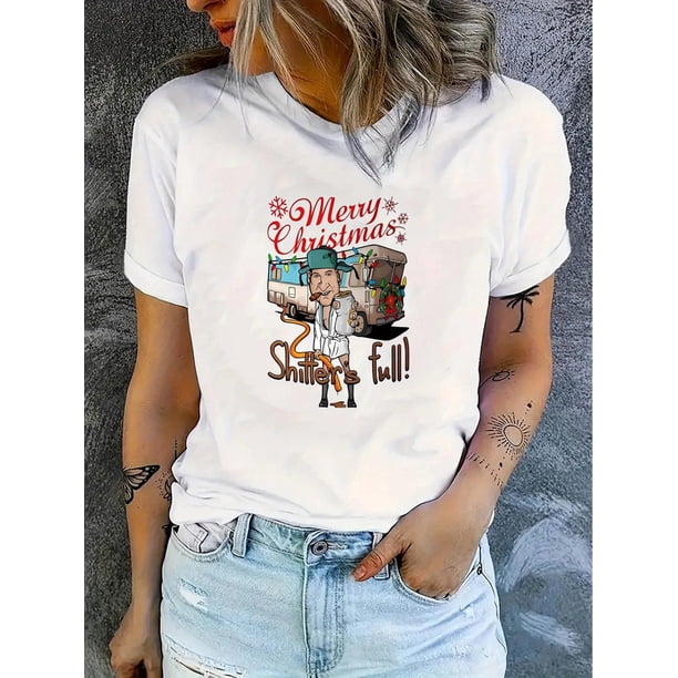 Merry Christmas Bus Graphic Women's T-Shirt - Casual Crew Neck, Short Sleeve, Stretchy Polyester Blend, Machine Washable - Perfect for Holiday & Summer Comfort, English Pattern, Fashion Trend