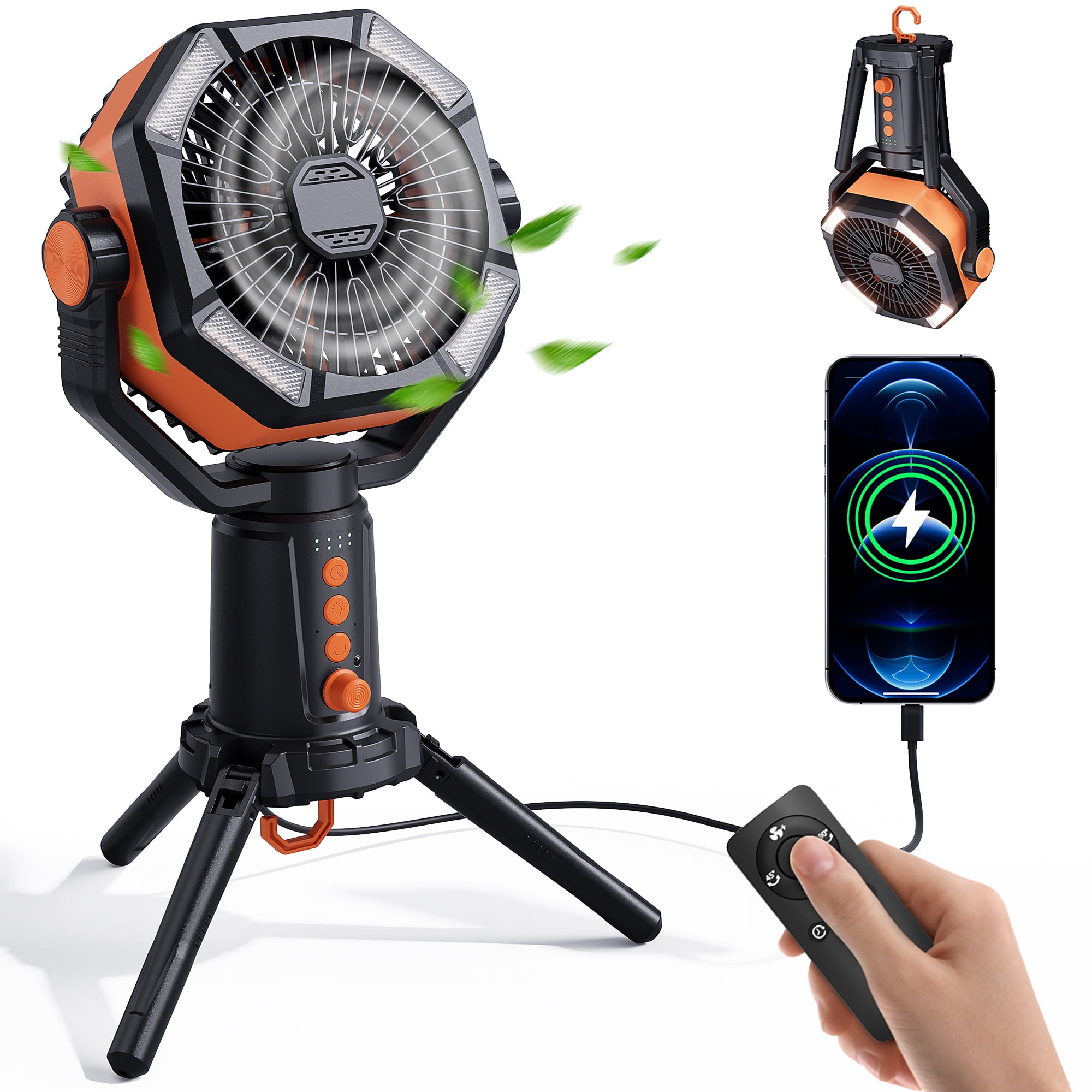 3 Modes LED Lantern Camping Fan , 18" Folding 20000mAh Rechargeable Battery Operated Table Desk Fans, 8 Speeds Small Quiet, with Remote Control/Timer/ Hook, Ideal for Outdoor Home