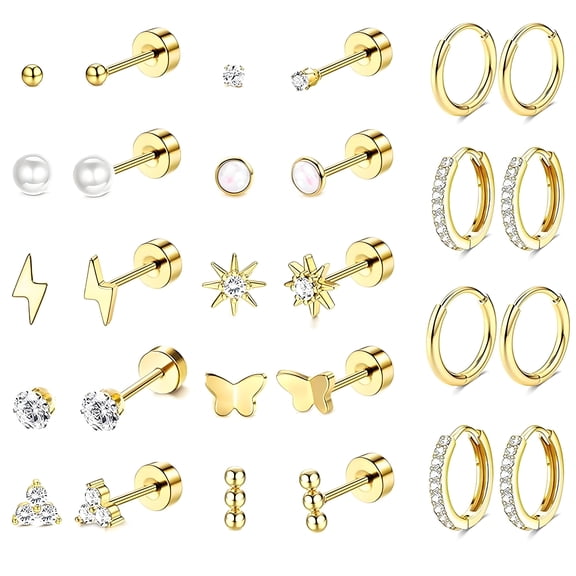 DESIGNICE 14 Pairs Flatback Stud Earrings for Women,Nickel & Lead Free Cartilage Earrings for Women,No Irritation Hypoallergenic Earrings Earrings for Sensitive Ears Women,Gold