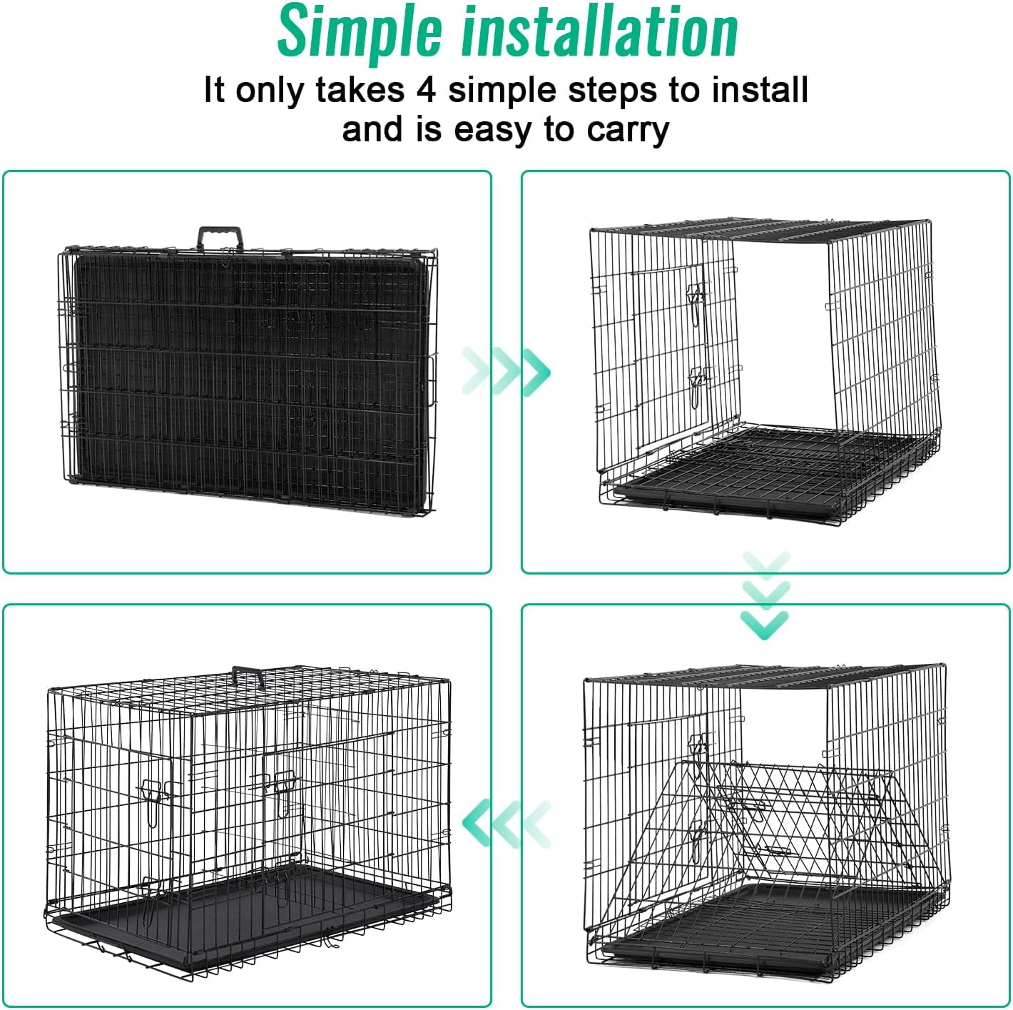 42 Inch Dog Crate for Large Dogs Folding Metal Wire Pet Cage Double Door with Divider Panel Indoor Outdoor Kennel Leak Proof Plastic Tray Black