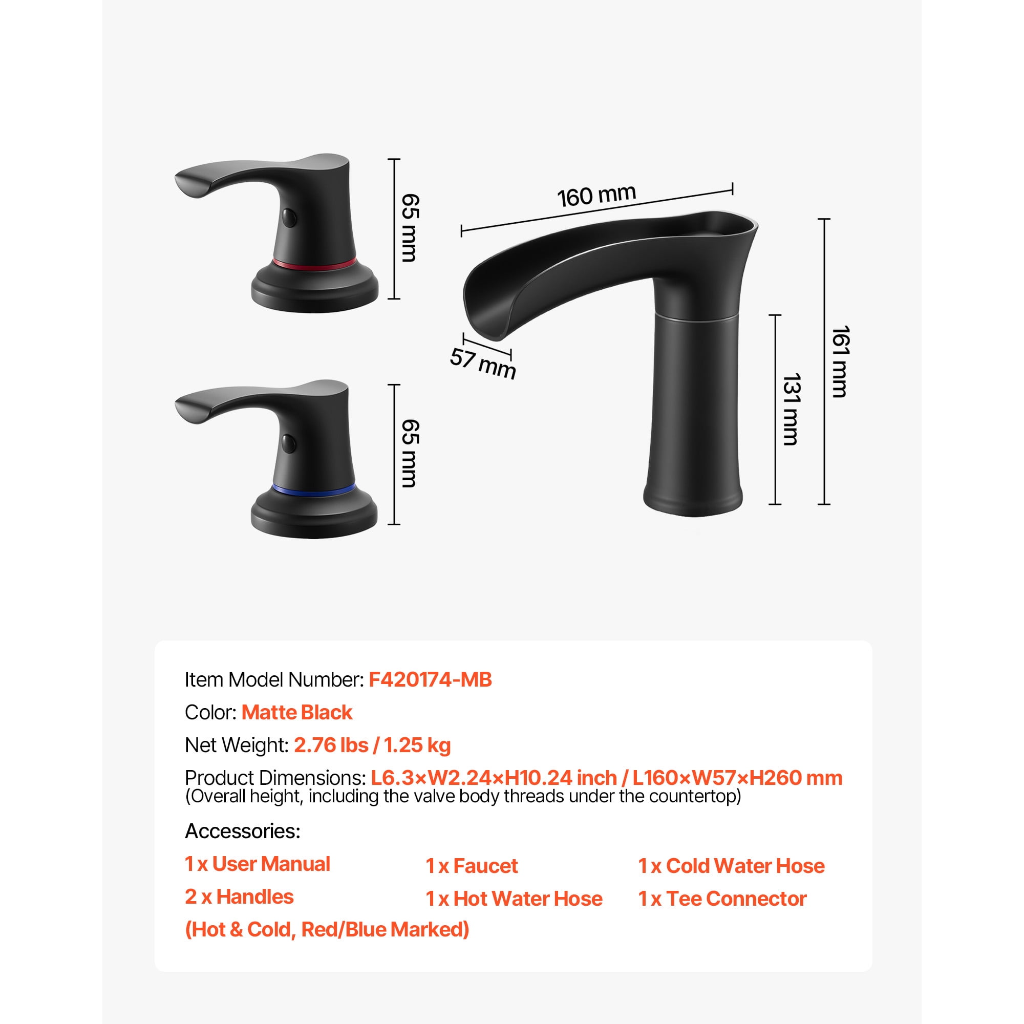 KFFKFF Roman Tub Faucet, 3-Hole Waterfall Bathtub Fixture, Zinc Alloy Bath Faucet Set with Dual Handles, Deck-Mounted Tub Faucet for Washing Pets, Baby Care, and Adult Bathing, Matte Black