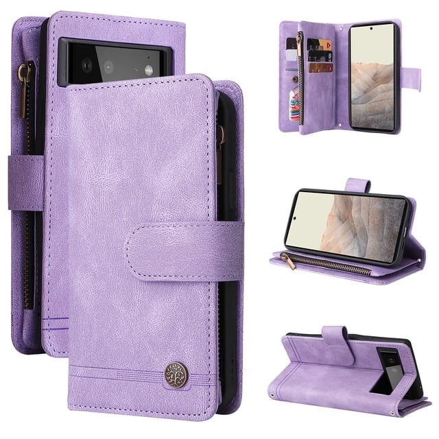 Case for Google Pixel 6 Pro 5G Cover Zipper Pocket Wallet Case Magnetic Protective - Purple