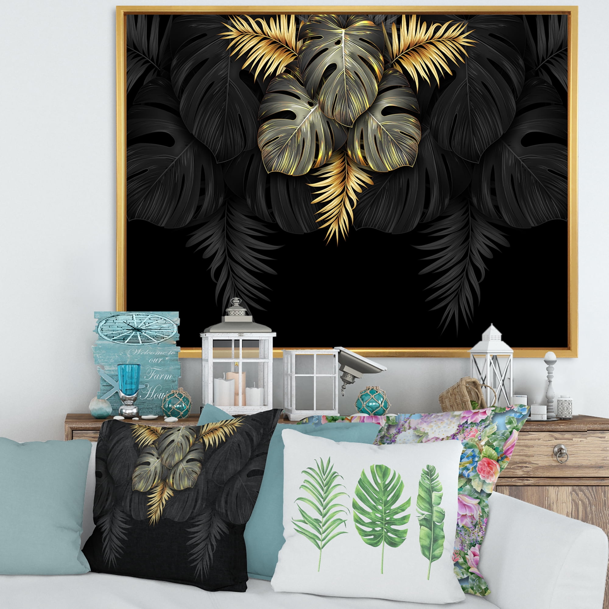 Designart 'Gold and Black Tropical Leaves IV' Modern Framed Canvas Wall Art Print
