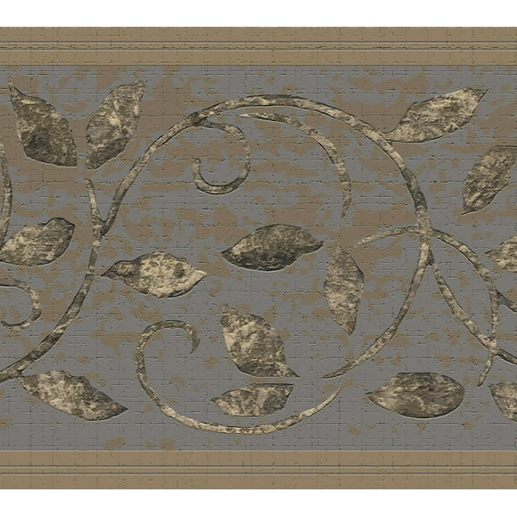 Dundee Deco's Peel and Stick Wallpaper Border - Damask Gold, Brown, Grey Scrolls, Leaves Wall Border Retro Design, 15 ft x 7 in (4.57m x 17.78cm), Self Adhesive
