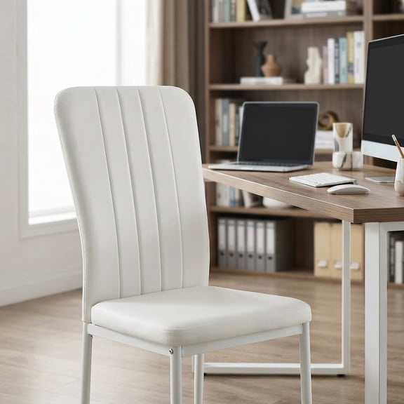 White Faux Leather Dining Chair Set of 4 - Modern Upholstered Kitchen Chairs with Metal Legs