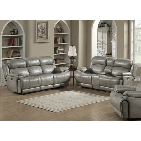 Upholstered Leather Living Room Set, Grey Leather Reclining Sofa With Cup Holders