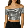 thumbnail image 2 of Unique Bargains Women's Off Shoulder Party Club Shiny Metallic Crop Top L Silver, 2 of 7