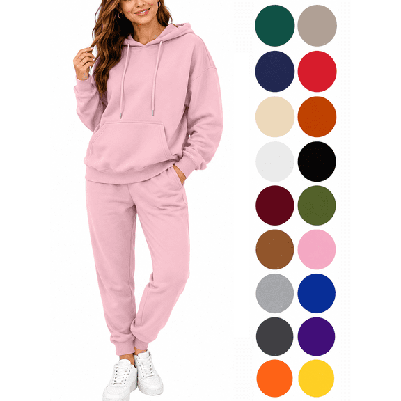 Hzzrkos Women Casual Loose Solid Color Hooded Long Sleeve Drawstring Kangaroo Pocket Sweatshirt Jogger Pants Tracksuit Lounge Set Two Piece Outfit Pink