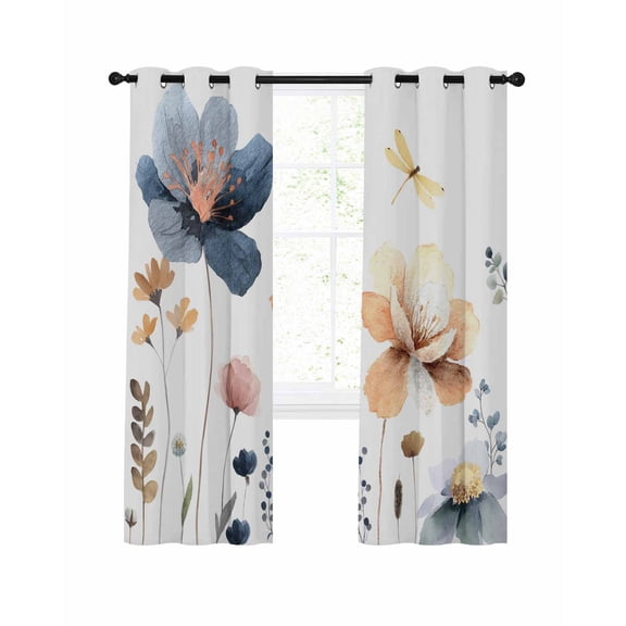 Blue Yellow Flower Blackout Curtains for Bedroom Living Room, Watercolor Spring Country Yellow Blue Floral Dragonfly 84 In Long Thermal Insulated Darkening Drapes Grommet Window Treatments 42x84 In
