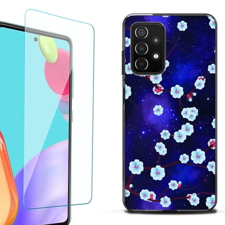 Slim-Fit Flexible TPU Gel Phone Case (black) for Samsung Galaxy A52 5G with Tempered Glass Screen Protector by OneToughShield ® - Blossom Stars