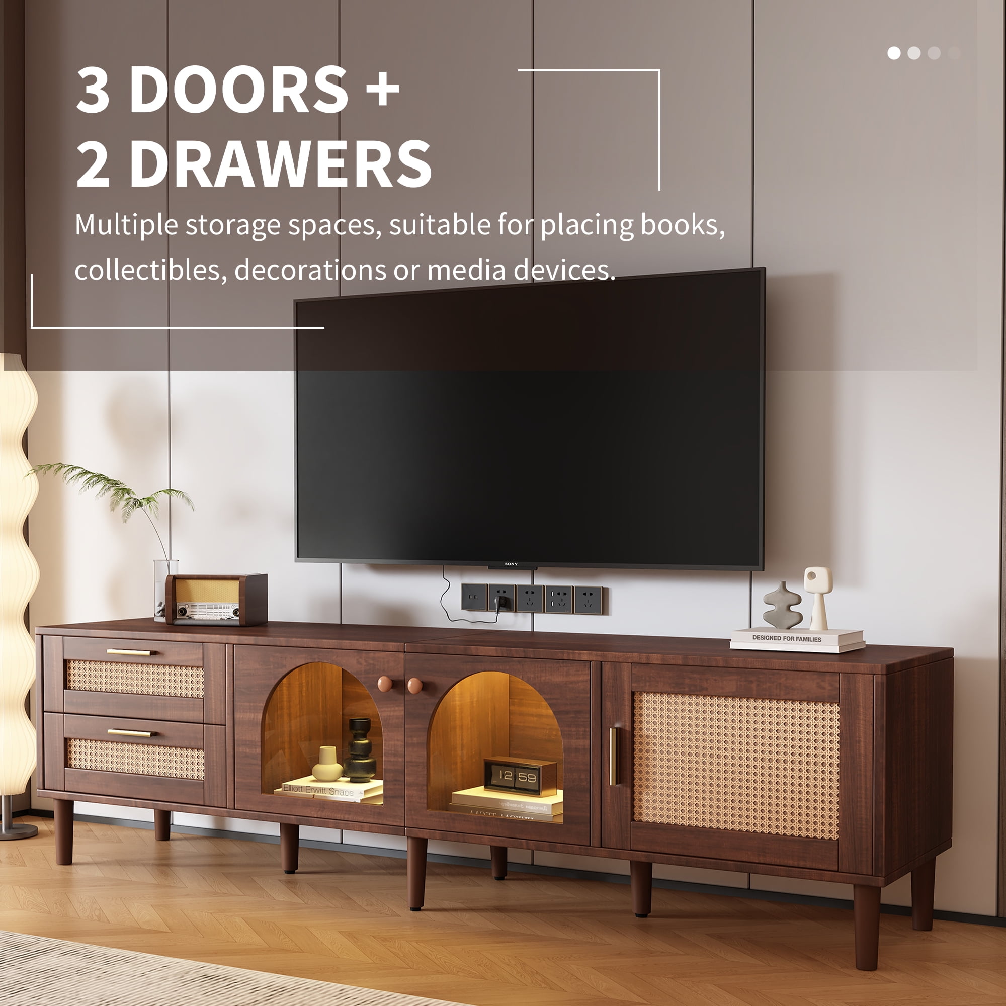 Harper & Bright Designs Rattan TV Stand with LED Light for 80 inch TV, Wood TV Storage Cabinet with Glass Doors and 2 Drawer, Media Console with Solid Wood Legs for Living Room, Dark Brown