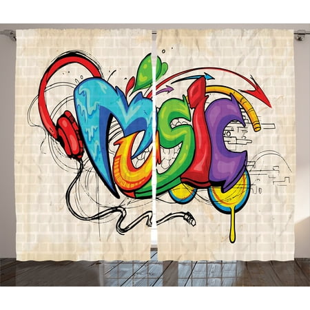 Curtains 2 Panels Set, Illustration of Graffiti Style Music Lettering Headphones Hip Hop Rhythm Tempo Hipster Concept, Living Room Bedroom Decor, Multi, by