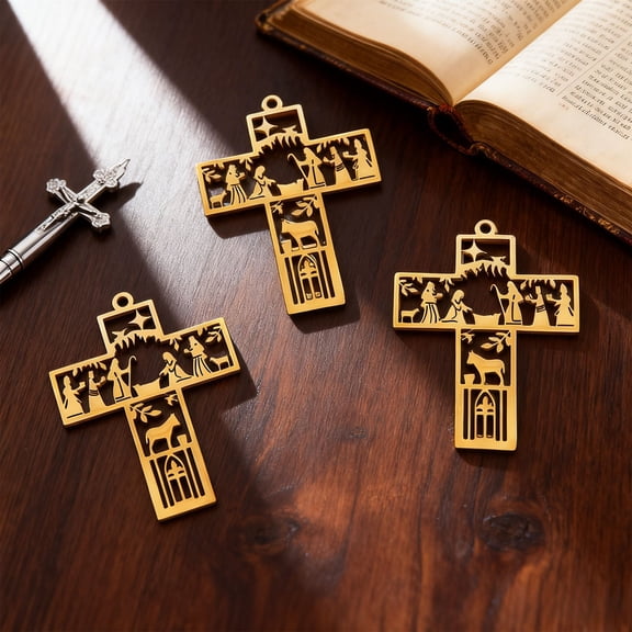 Rijanmt Easter Hollowed Out Cross Handcraft Diy Pendant,Stainless Religious Easter Cross Decoration For Christianity Home Gift Decor,Easter Basket Stuffers And Small Tree Ornament,1.18*1.57",Gold