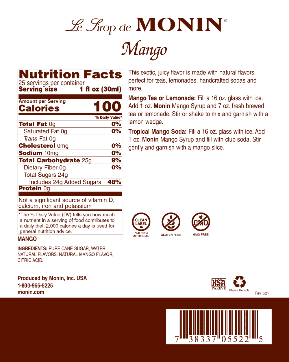 Monin - Mango Syrup, Tropical and Sweet, Great for Cocktails, Sodas, and Lemonades, Gluten-Free, Non-GMO (750 ml)