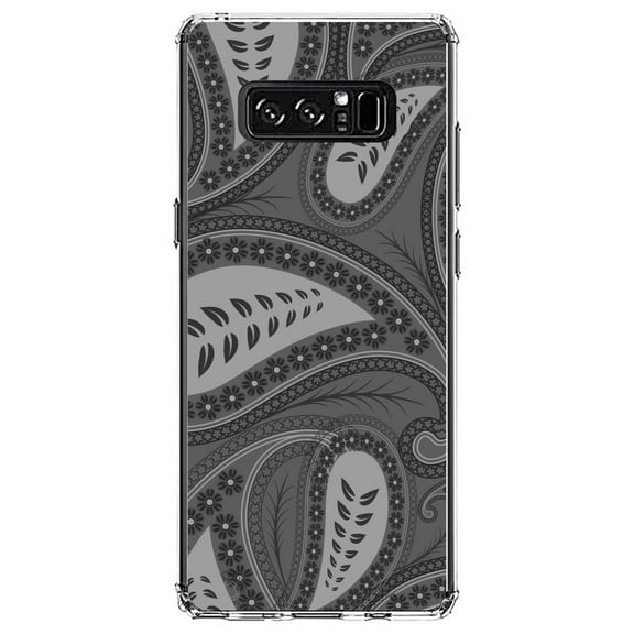 DistinctInk Clear Shockproof Hybrid Case for Samsung Galaxy Note 8 - TPU Bumper, Acrylic Back, Tempered Glass Screen Protector - Big Grey Black Paisley
