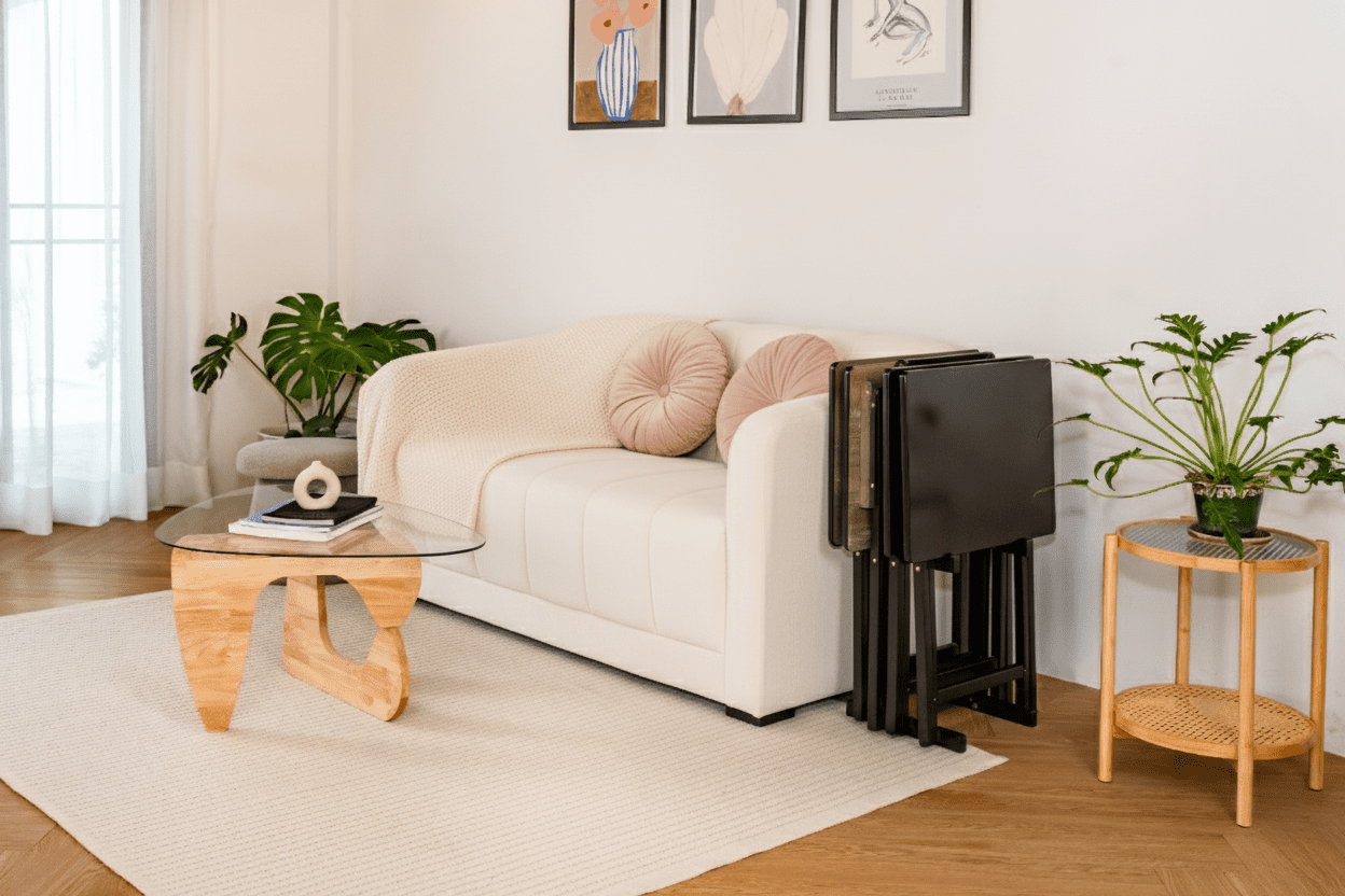 Mainstays 4-Piece Black Rubberwood Indoor Folding TV Tray Table Set with Storage Rack