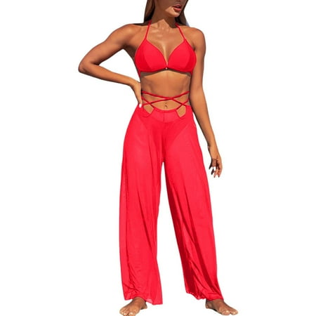 JIANJIA Womens Swimsuits Solid Color Halter Brassiere With Thongs Long Mesh Pants Beach Swimsuit Three Piece Tankinis Swimwears Beachwear  Red M